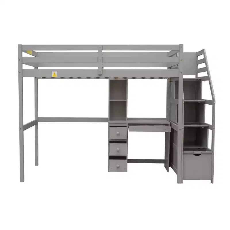 Letto a castello a L con due letti singoli, scrivania, scala e contenitore – Grigio / Bianco, 2 posti letto