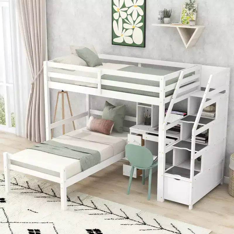 Letto a castello a L con due letti singoli, scrivania, scala e contenitore – Grigio / Bianco, 2 posti letto