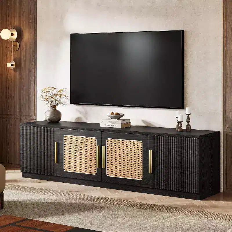 Mobile porta TV marrone noce con ante in rattan, 6 ripiani, adatto per TV fino a 80"