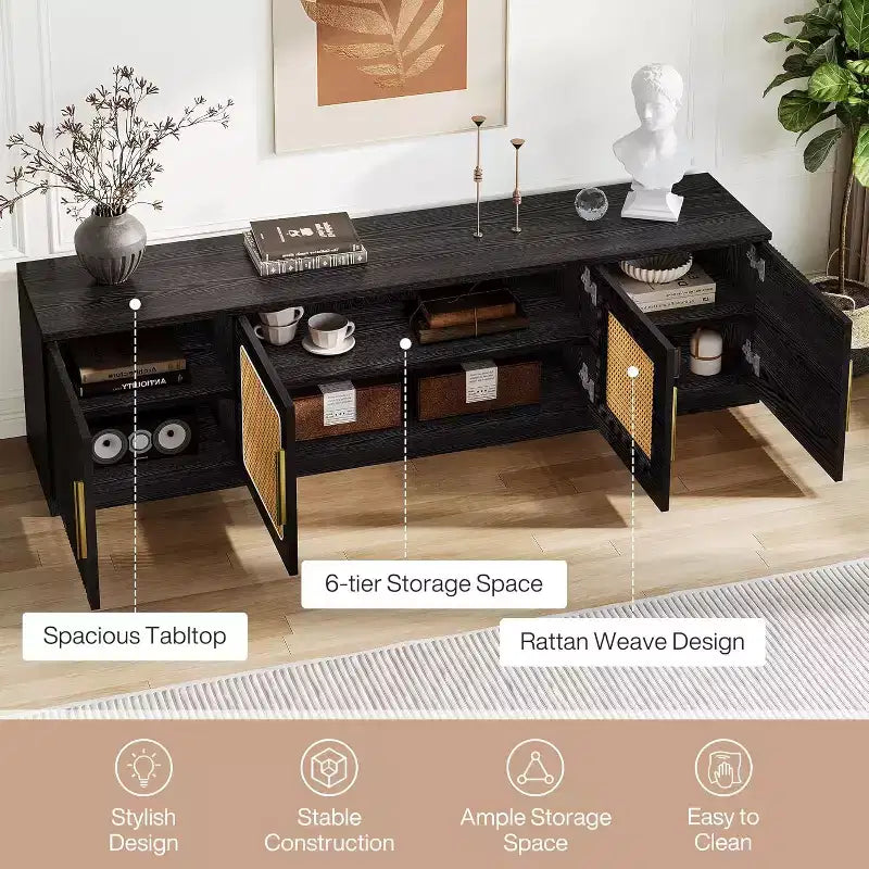Mobile porta TV marrone noce con ante in rattan, 6 ripiani, adatto per TV fino a 80"