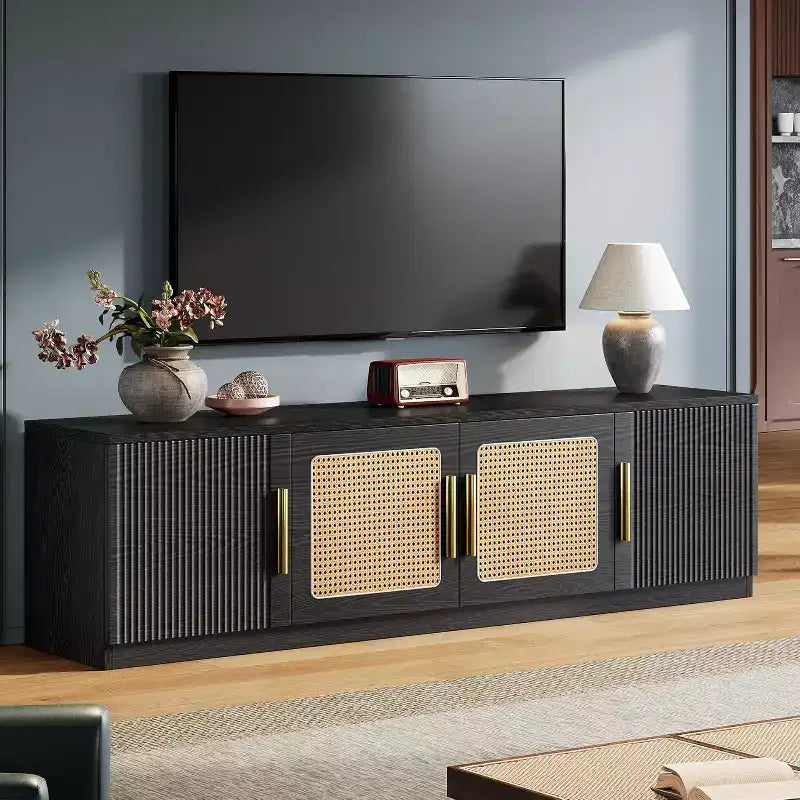 Mobile porta TV marrone noce con ante in rattan, 6 ripiani, adatto per TV fino a 80"