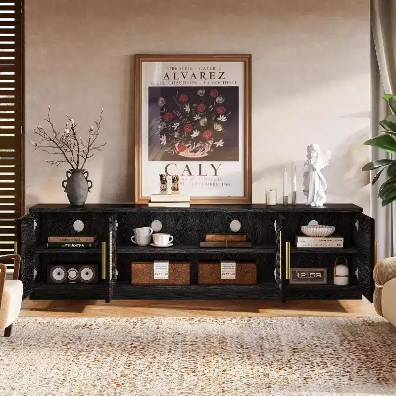 Mobile porta TV marrone noce con ante in rattan, 6 ripiani, adatto per TV fino a 80"