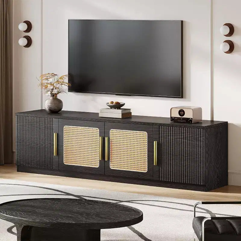 Mobile porta TV marrone noce con ante in rattan, 6 ripiani, adatto per TV fino a 80"