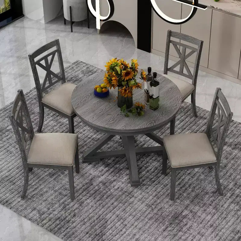 Set da pranzo allungabile rotondo, marrone/grigio, 4–6 posti, 5 pezzi