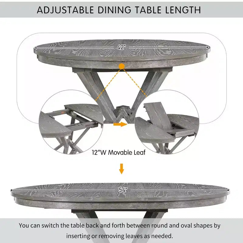 Set da pranzo allungabile rotondo, marrone/grigio, 4–6 posti, 5 pezzi