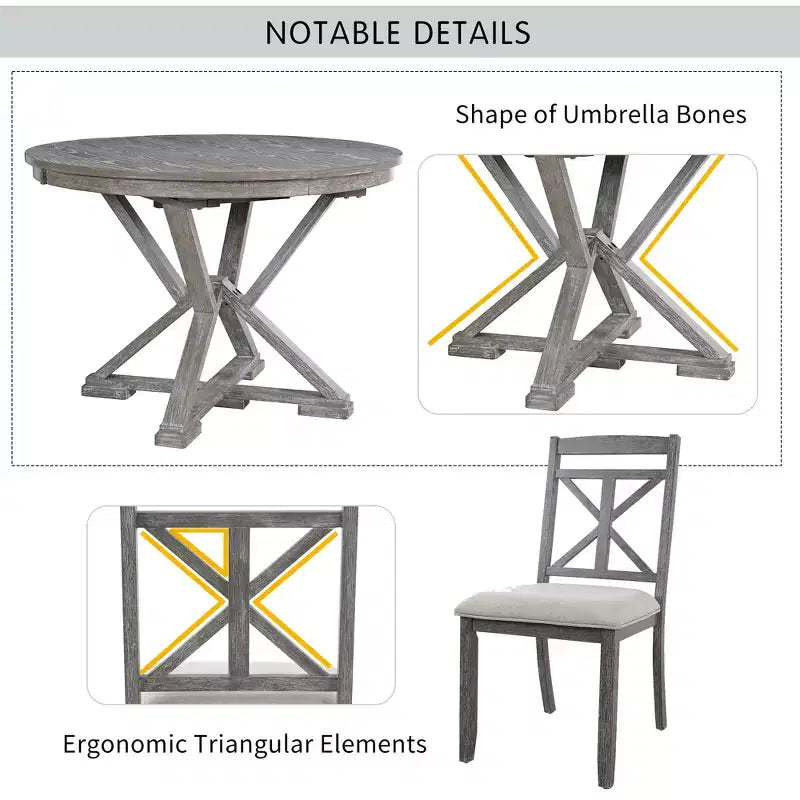 Set da pranzo allungabile rotondo, marrone/grigio, 4–6 posti, 5 pezzi
