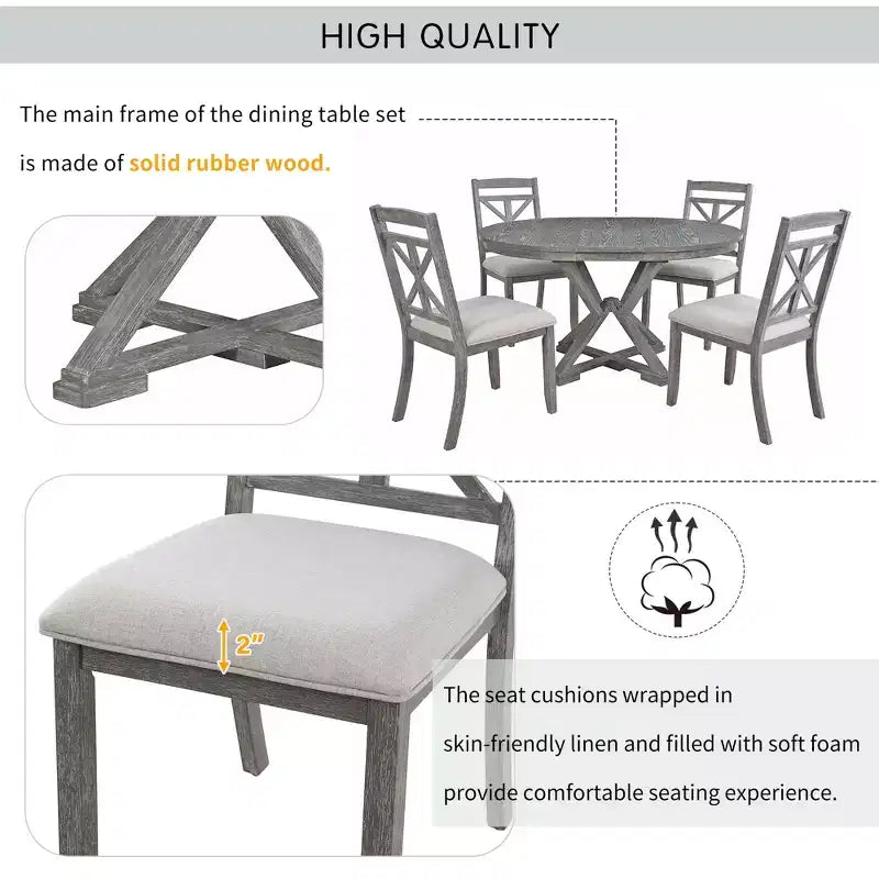 Set da pranzo allungabile rotondo, marrone/grigio, 4–6 posti, 5 pezzi