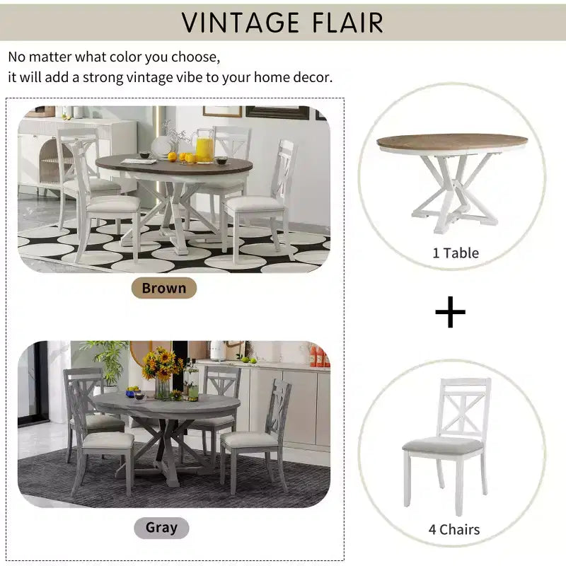 Set da pranzo allungabile rotondo, marrone/grigio, 4–6 posti, 5 pezzi