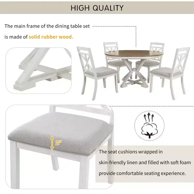 Set da pranzo allungabile rotondo, marrone/grigio, 4–6 posti, 5 pezzi