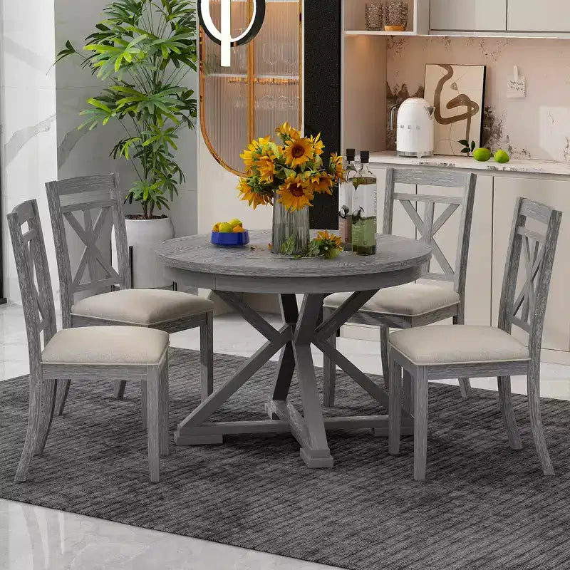 Set da pranzo allungabile rotondo, marrone/grigio, 4–6 posti, 5 pezzi