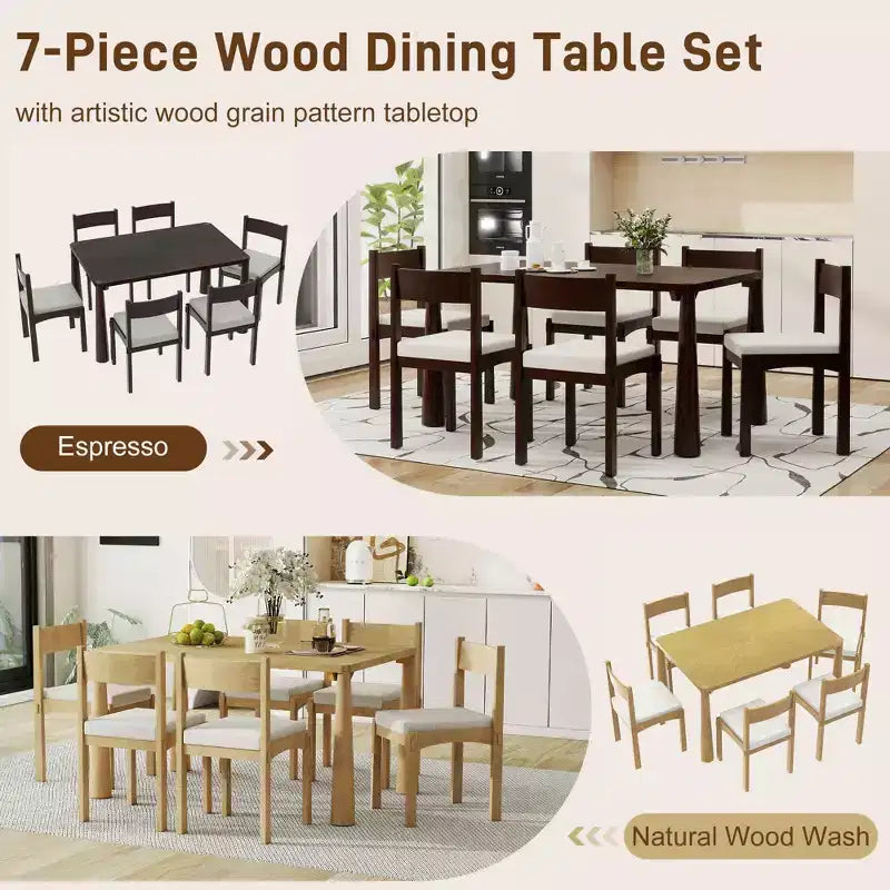 Set da 7 pezzi da tavolo da pranzo, espresso/legno naturale lavato, 6 posti a sedere