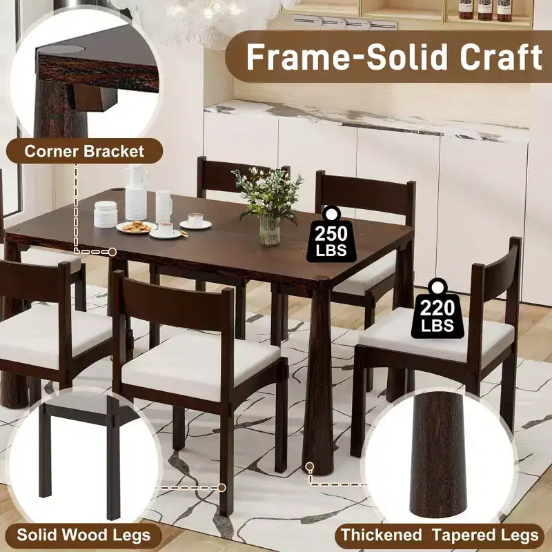Set da 7 pezzi da tavolo da pranzo, espresso/legno naturale lavato, 6 posti a sedere