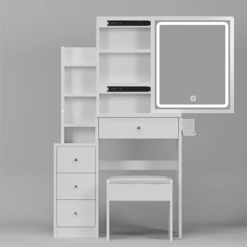 Set da toeletta moderno bianco con sgabello, 4 cassetti, specchio scorrevole – 1 Persona