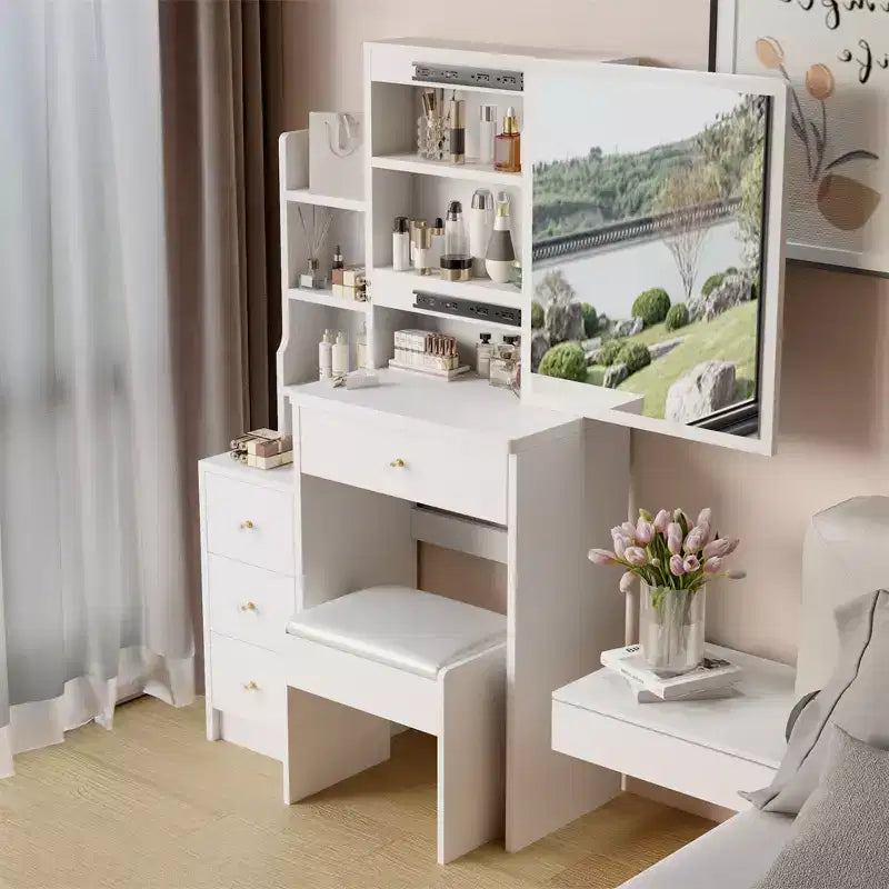 Set da toeletta moderno bianco con sgabello, 4 cassetti, specchio scorrevole – 1 Persona