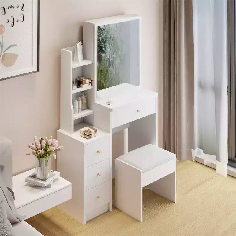 Set da toeletta moderno bianco con sgabello, 4 cassetti, specchio scorrevole – 1 Persona