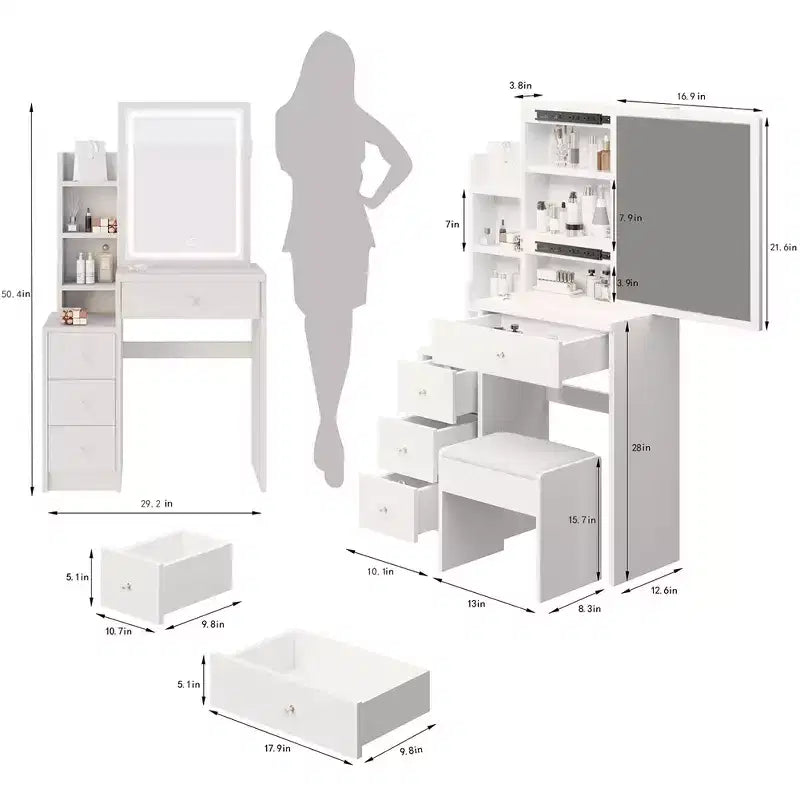 Set da toeletta moderno bianco con sgabello, 4 cassetti, specchio scorrevole – 1 Persona