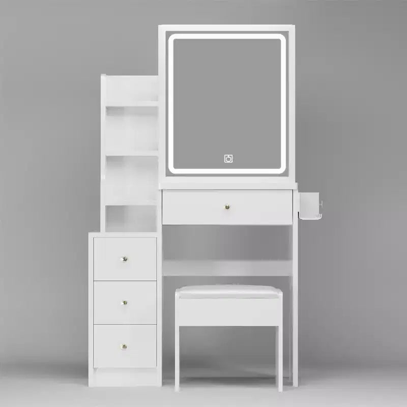 Set da toeletta moderno bianco con sgabello, 4 cassetti, specchio scorrevole – 1 Persona