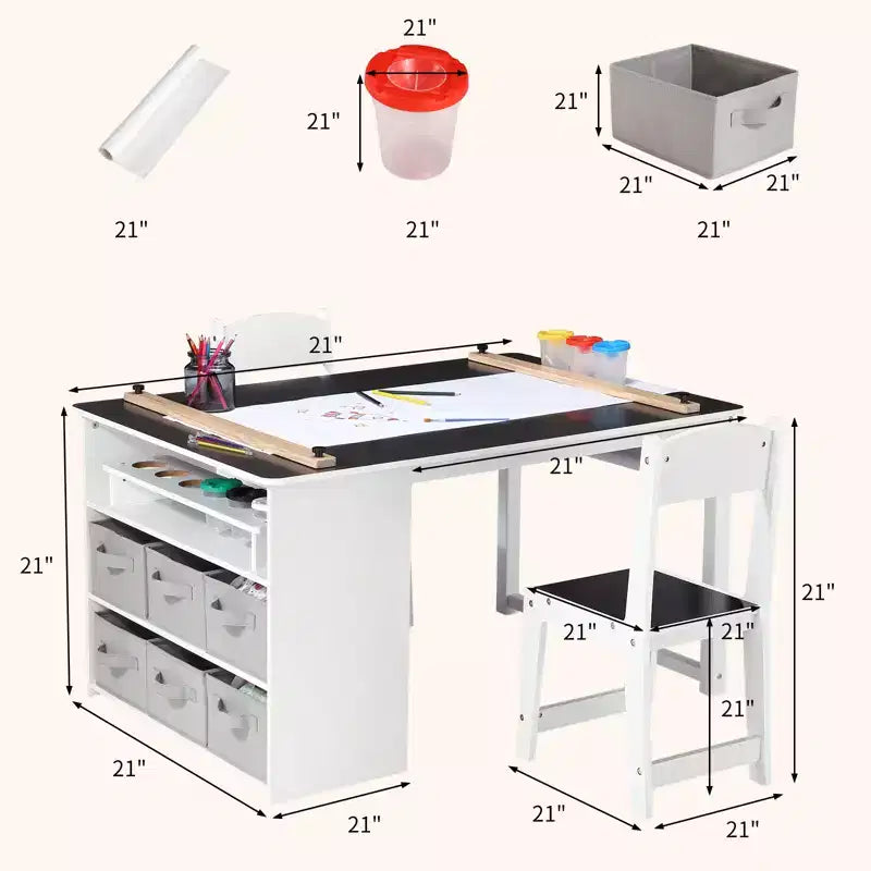 Tavolo da Arte per Bambini in Legno Naturale con 2 Sedie e Vano Contenitore
