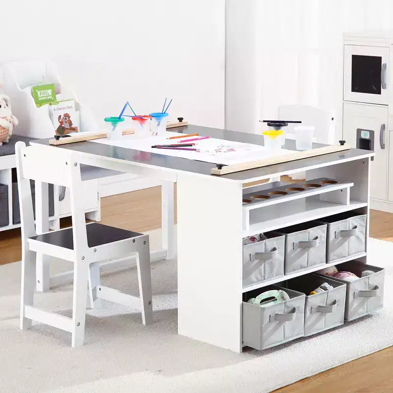 Tavolo da Arte per Bambini in Legno Naturale con 2 Sedie e Vano Contenitore