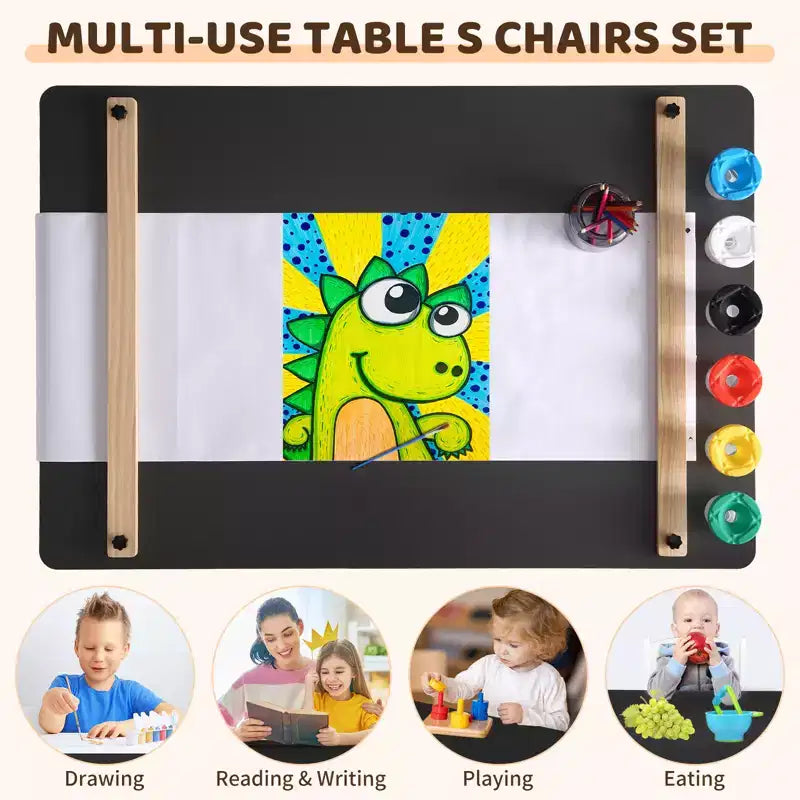 Tavolo da Arte per Bambini in Legno Naturale con 2 Sedie e Vano Contenitore