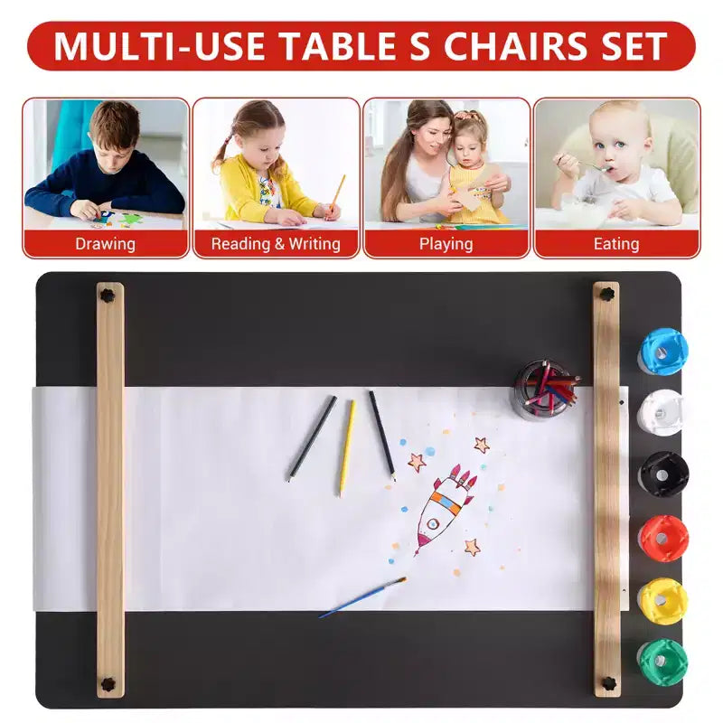 Tavolo da Arte per Bambini in Legno Naturale con 2 Sedie e Vano Contenitore