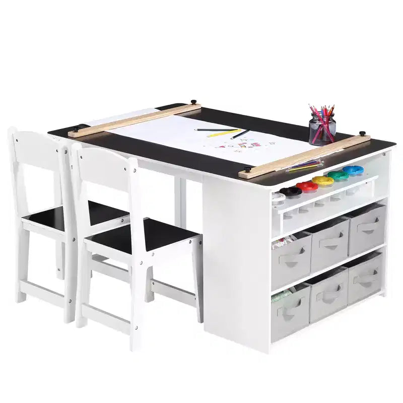 Tavolo da Arte per Bambini in Legno Naturale con 2 Sedie e Vano Contenitore