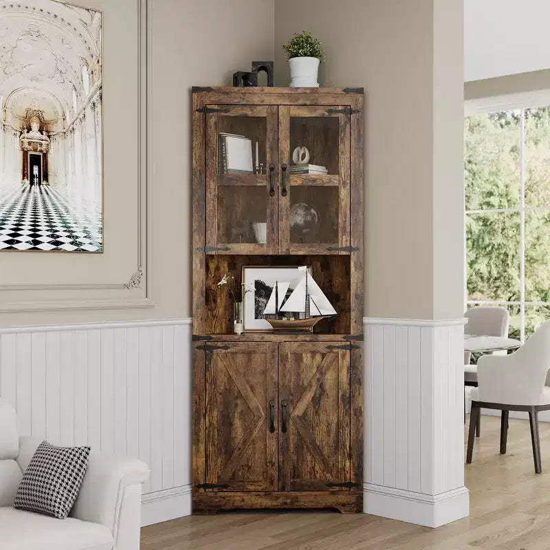 Mobile angolare contenitore alto 170 cm con ante in vetro – Bianco / Stile retrò / Frassino sbiancato