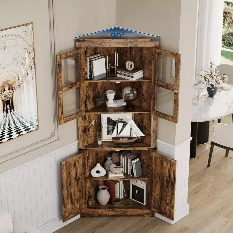 Mobile angolare contenitore alto 170 cm con ante in vetro – Bianco / Stile retrò / Frassino sbiancato