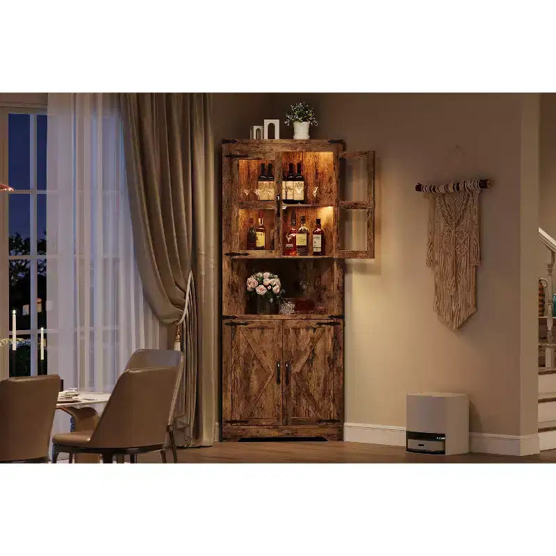 Mobile angolare contenitore alto 170 cm con ante in vetro – Bianco / Stile retrò / Frassino sbiancato