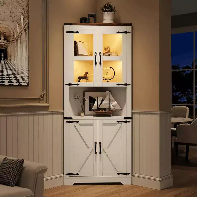 Mobile angolare contenitore alto 170 cm con ante in vetro – Bianco / Stile retrò / Frassino sbiancato