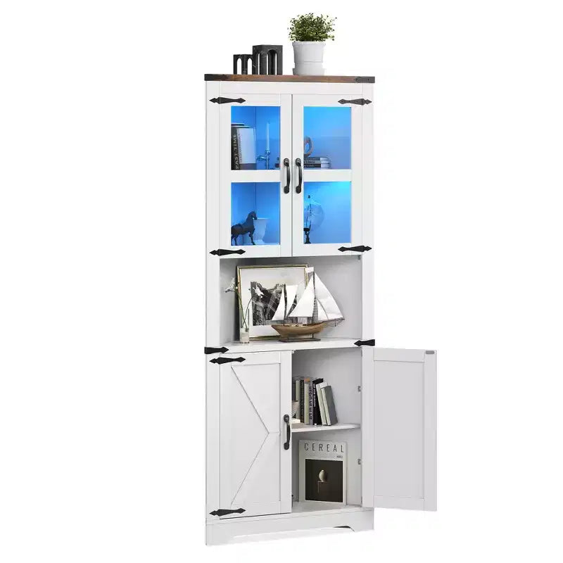 Mobile angolare contenitore alto 170 cm con ante in vetro – Bianco / Stile retrò / Frassino sbiancato