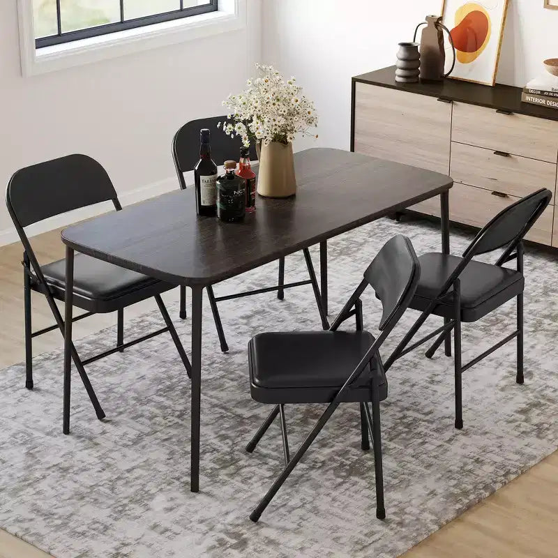 Set 4 Sedie Pieghevoli – Beige / Nero / Grigio, Cuscino in PU, Struttura in Metallo