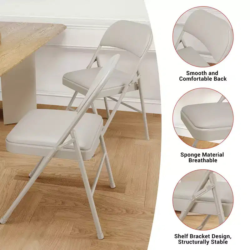 Set 4 Sedie Pieghevoli – Beige / Nero / Grigio, Cuscino in PU, Struttura in Metallo