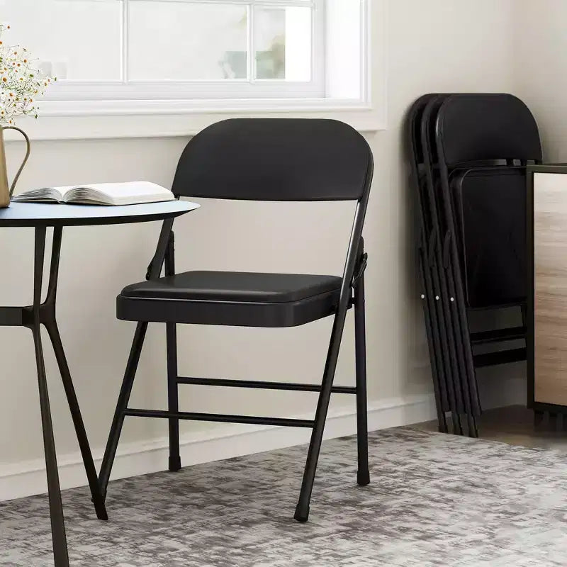Set 4 Sedie Pieghevoli – Beige / Nero / Grigio, Cuscino in PU, Struttura in Metallo