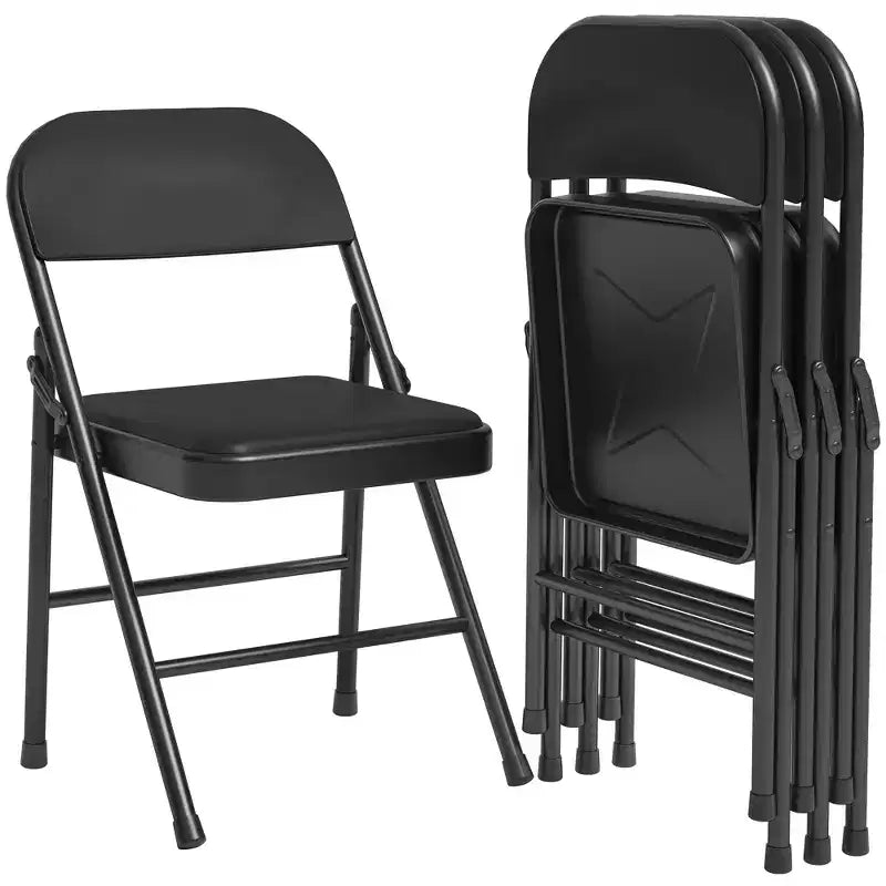 Set 4 Sedie Pieghevoli – Beige / Nero / Grigio, Cuscino in PU, Struttura in Metallo