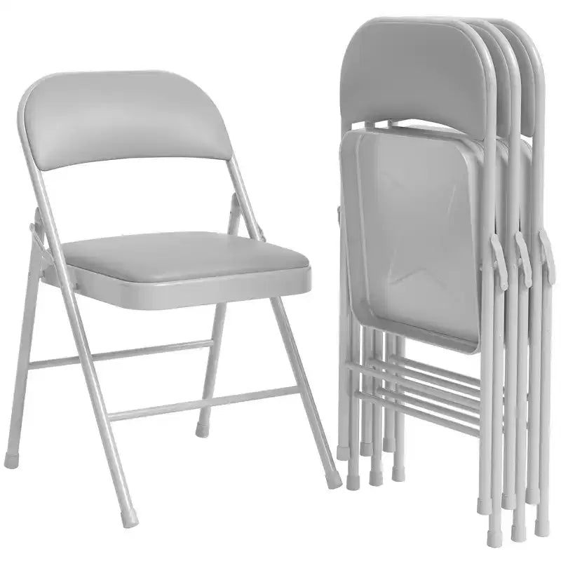 Set 4 Sedie Pieghevoli – Beige / Nero / Grigio, Cuscino in PU, Struttura in Metallo