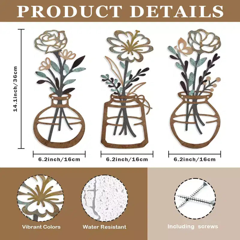 Decorazione murale floreale in metallo, marrone, pannello singolo, decorazione per 1 persona