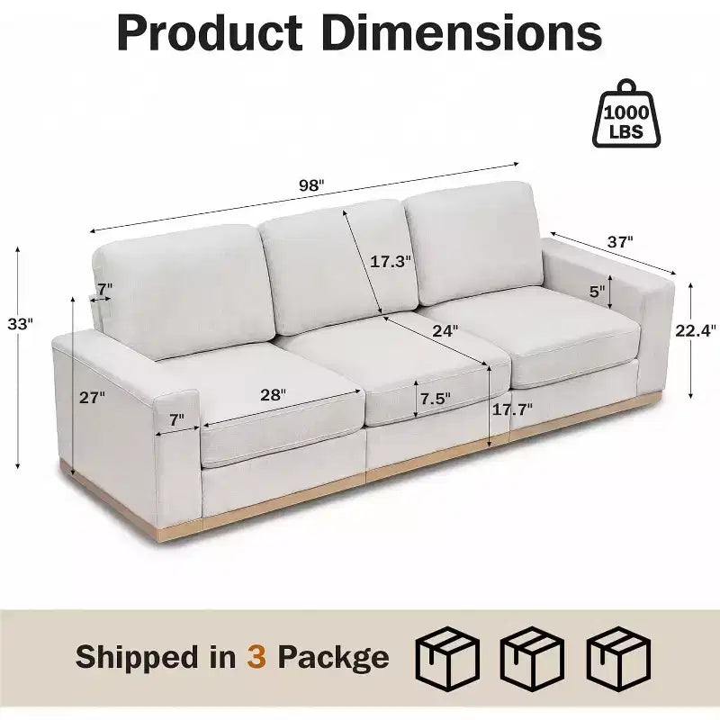 Dyonery 100 inch Fixed sofa with wooden strips, cotton fabric, triple person seatSuitable for living rooms and apartments