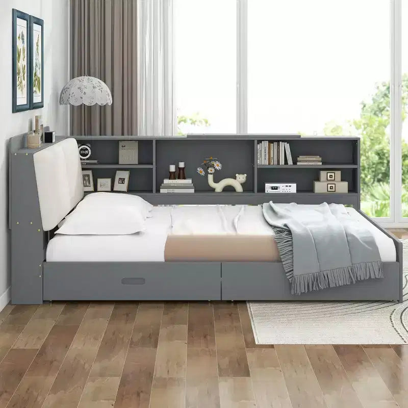 Letto a piattaforma a una piazza e mezza con testiera contenitore, mensole e 2 cassetti – Grigio, Per 1 persona