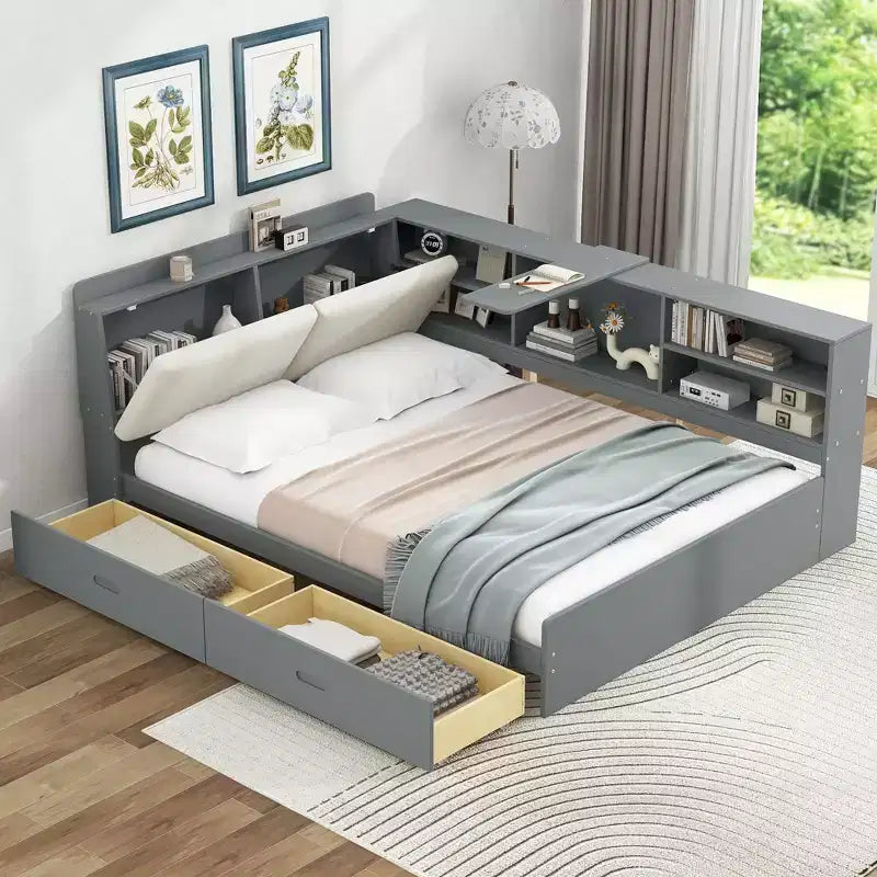 Letto a piattaforma a una piazza e mezza con testiera contenitore, mensole e 2 cassetti – Grigio, Per 1 persona