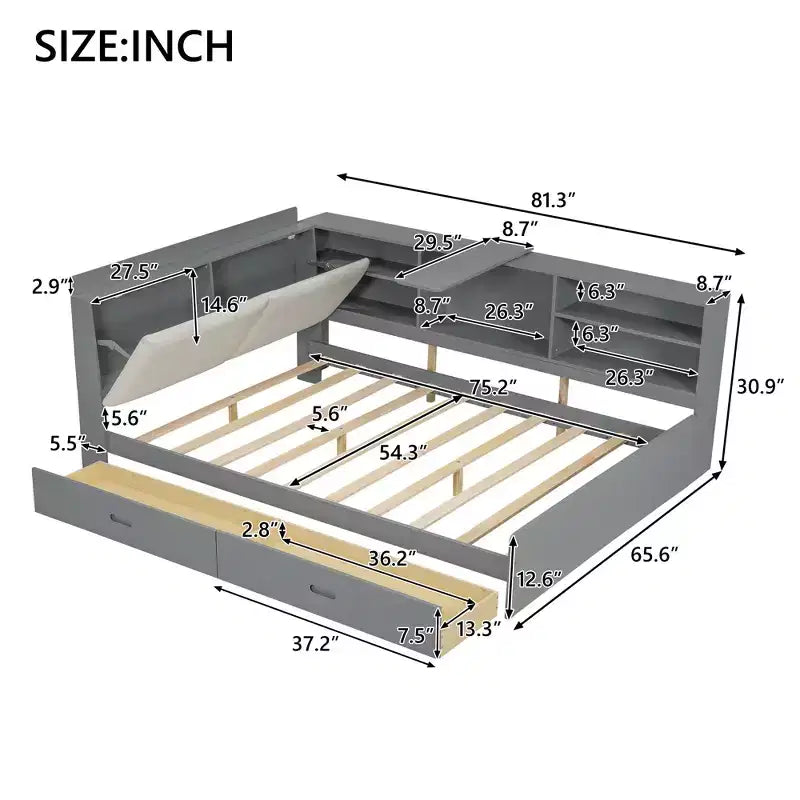 Letto a piattaforma a una piazza e mezza con testiera contenitore, mensole e 2 cassetti – Grigio, Per 1 persona