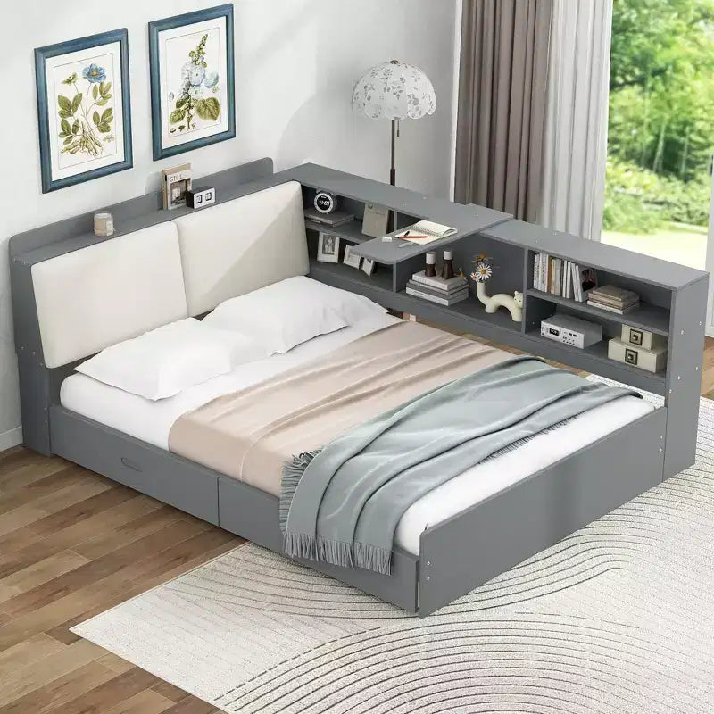 Letto a piattaforma a una piazza e mezza con testiera contenitore, mensole e 2 cassetti – Grigio, Per 1 persona