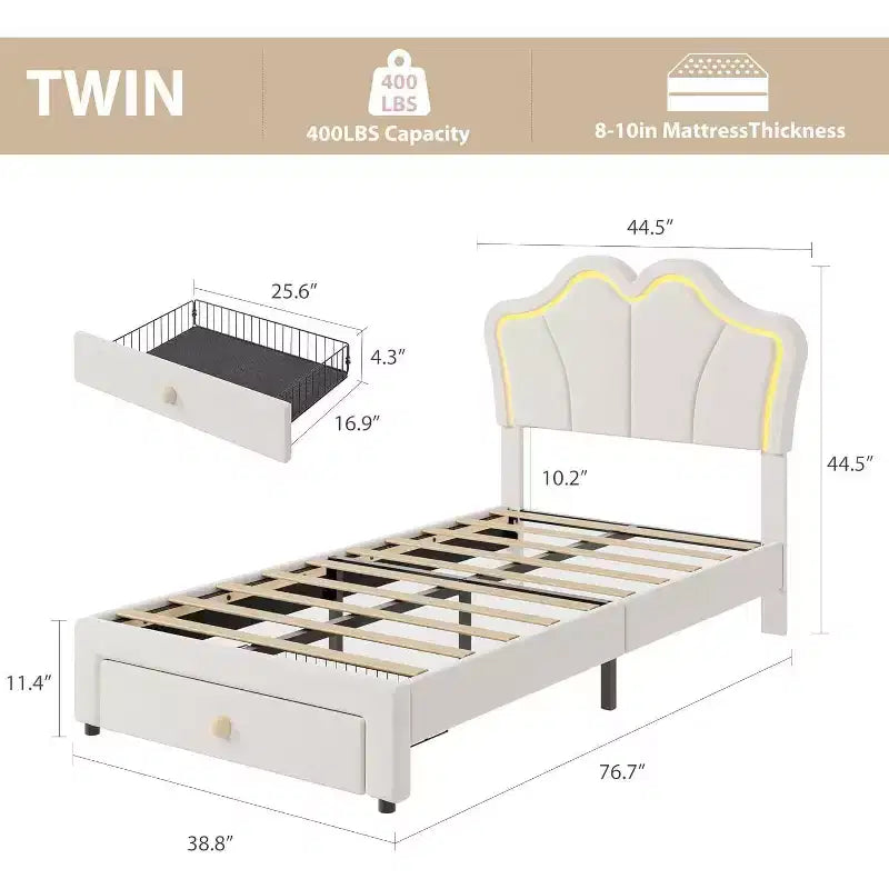 Struttura letto imbottita a LED per bambini con cassetti contenitori – Singolo, Rosa / Rosa Bianco / Bianco, 1 persona