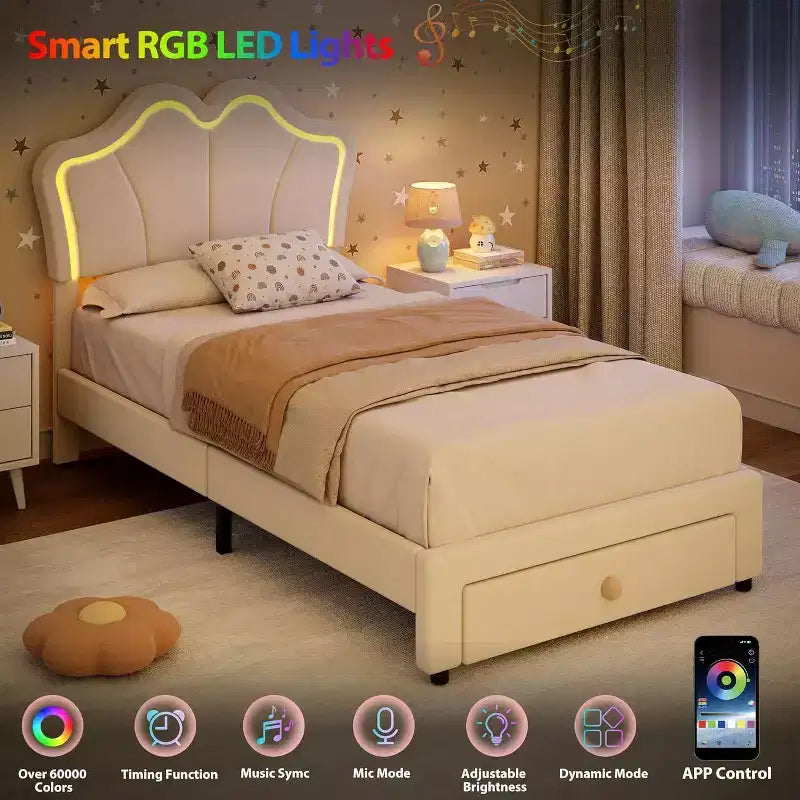 Struttura letto imbottita a LED per bambini con cassetti contenitori – Singolo, Rosa / Rosa Bianco / Bianco, 1 persona