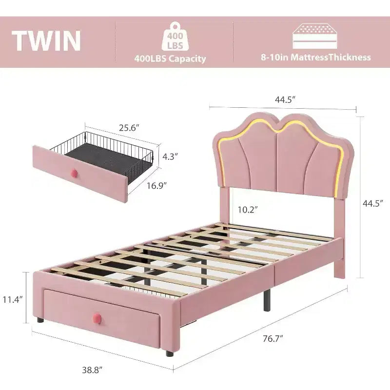 Struttura letto imbottita a LED per bambini con cassetti contenitori – Singolo, Rosa / Rosa Bianco / Bianco, 1 persona