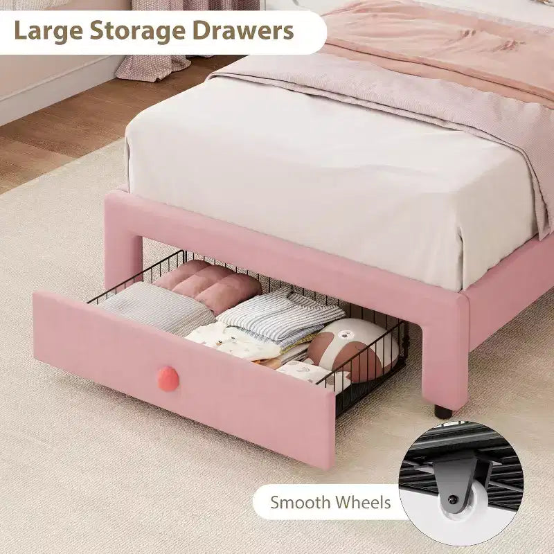 Struttura letto imbottita a LED per bambini con cassetti contenitori – Singolo, Rosa / Rosa Bianco / Bianco, 1 persona
