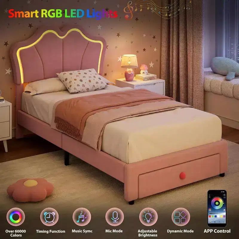 Struttura letto imbottita a LED per bambini con cassetti contenitori – Singolo, Rosa / Rosa Bianco / Bianco, 1 persona
