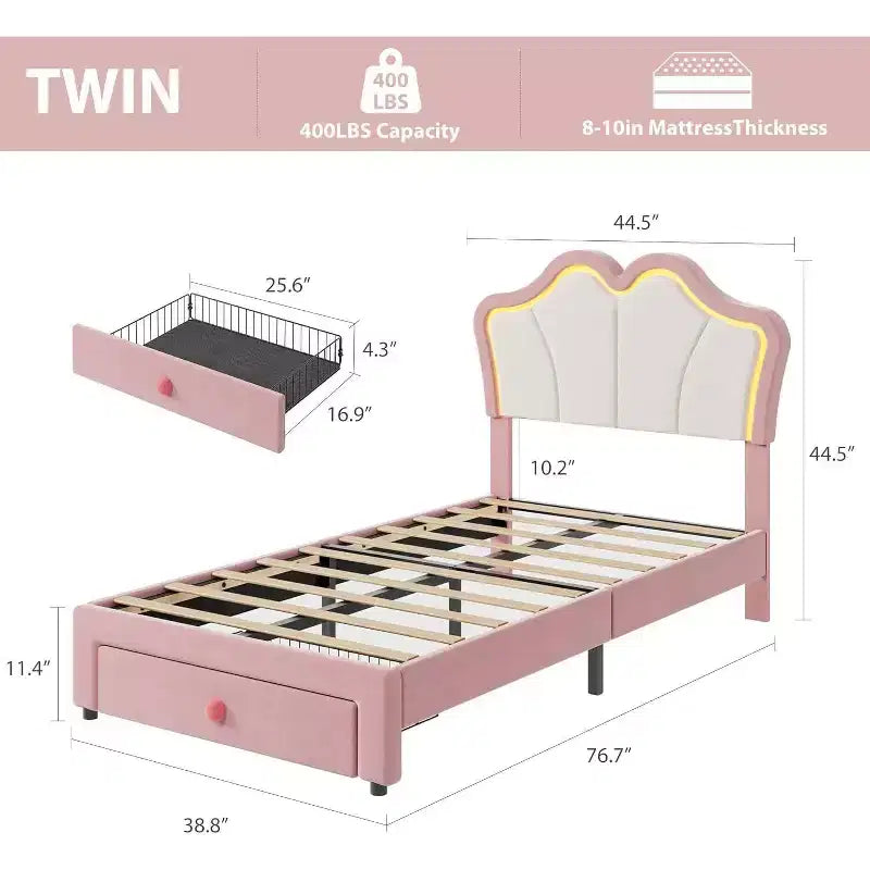 Struttura letto imbottita a LED per bambini con cassetti contenitori – Singolo, Rosa / Rosa Bianco / Bianco, 1 persona
