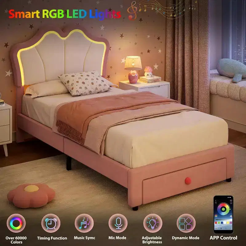 Struttura letto imbottita a LED per bambini con cassetti contenitori – Singolo, Rosa / Rosa Bianco / Bianco, 1 persona