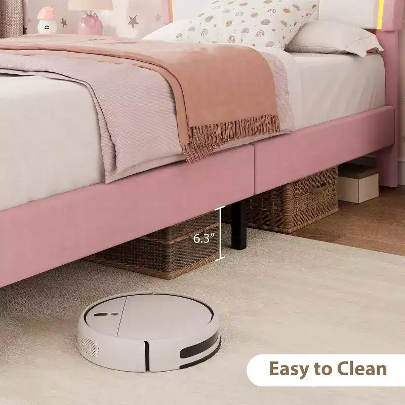 Struttura letto imbottita a LED per bambini con cassetti contenitori – Singolo, Rosa / Rosa Bianco / Bianco, 1 persona